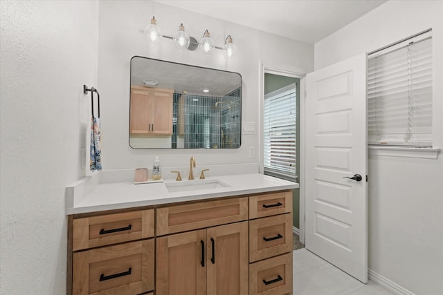 12212 Ridgefair Pl, Farmers Branch, TX 75234 - full bath featuring vanity, a shower stall, tile patterned flooring, and baseboards