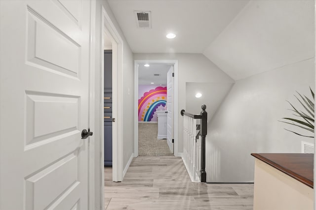 12212 Ridgefair Pl, Farmers Branch, TX 75234 - hall featuring an upstairs landing, recessed lighting, vaulted ceiling, baseboards, and light wood-style flooring