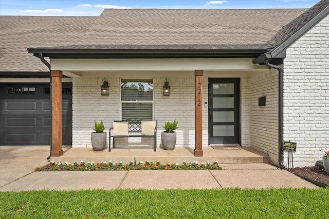12212 Ridgefair Pl, Farmers Branch, TX 75234 - doorway to property with a porch, brick siding, an attached garage, and a shingled roof