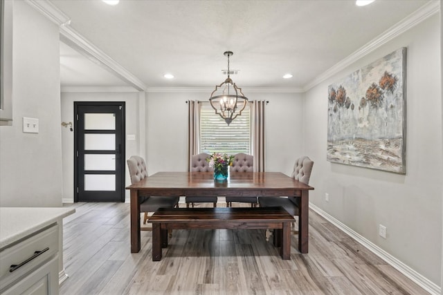 12212 Ridgefair Pl, Farmers Branch, TX 75234 - dining area with a chandelier, light wood-style flooring, recessed lighting, ornamental molding, and baseboards
