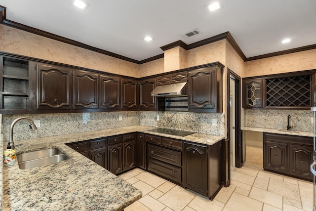 2709 Oak Point Dr, Garland, TX 75044 - kitchen featuring a sink, black electric stovetop, dark brown cabinets, ornamental molding, and recessed lighting