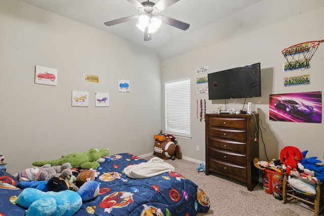 1063 Dominique Dr, Weatherford, TX 76087 - carpeted bedroom featuring baseboards, ceiling fan, and lofted ceiling