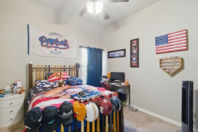 1063 Dominique Dr, Weatherford, TX 76087 - bedroom featuring carpet, baseboards, ceiling fan, and lofted ceiling