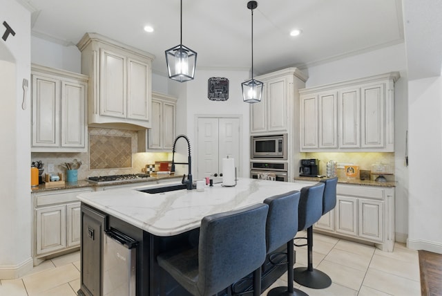 1063 Dominique Dr, Weatherford, TX 76087 - kitchen with a sink, stainless steel appliances, wine cooler, crown molding, and light stone counters
