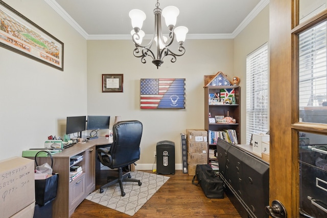 1063 Dominique Dr, Weatherford, TX 76087 - home office featuring crown molding, wood finished floors, a chandelier, and baseboards