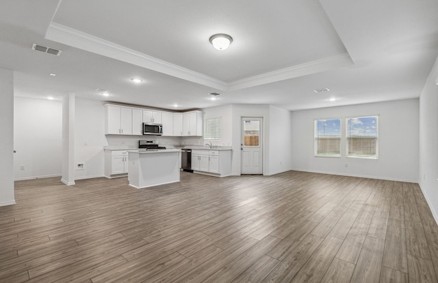 2608 Pecan Park Dr, Denton, TX 76208 - kitchen with stainless steel appliances, a tray ceiling, open floor plan, ornamental molding, and a kitchen island