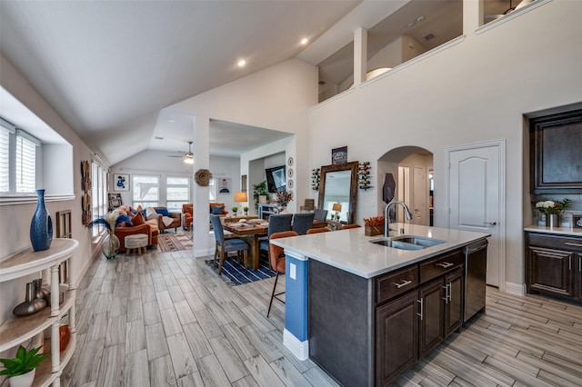 1208 Starlight Ave, Aubrey, TX 76227 - kitchen with a sink, stainless steel dishwasher, vaulted ceiling, a ceiling fan, and light countertops