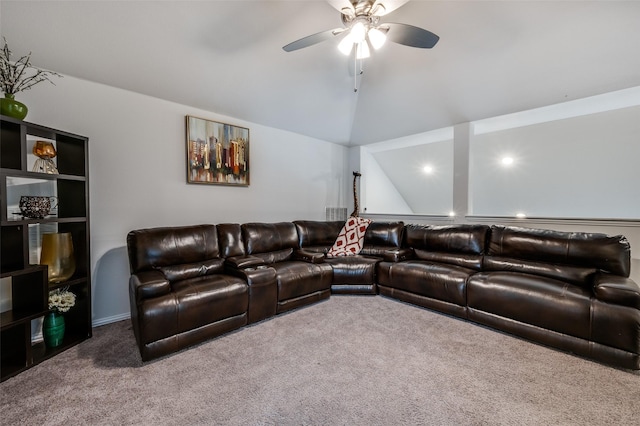 1208 Starlight Ave, Aubrey, TX 76227 - carpeted home theater room featuring ceiling fan, vaulted ceiling, and recessed lighting