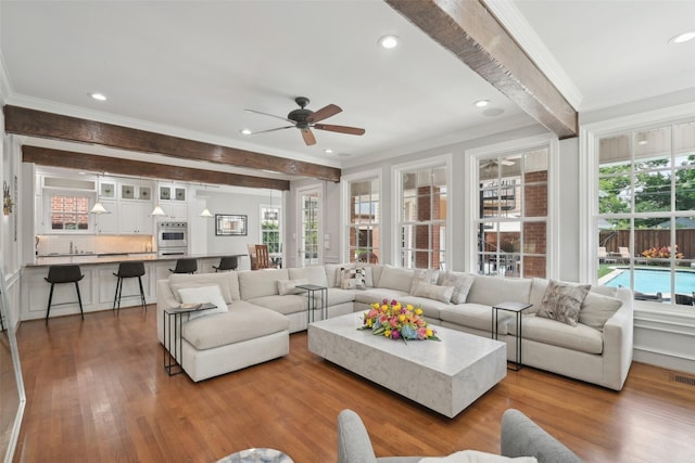 3008 Rosedale Ave, University Park, TX 75205 - living area with crown molding, ceiling fan, wood finished floors, and recessed lighting