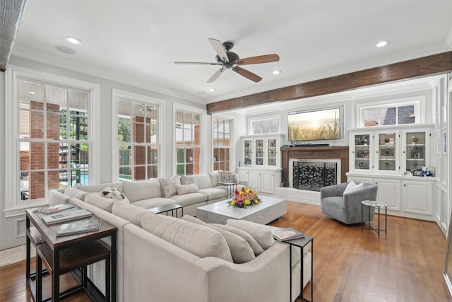 3008 Rosedale Ave, University Park, TX 75205 - living area with ceiling fan, a fireplace, recessed lighting, wood finished floors, and ornamental molding