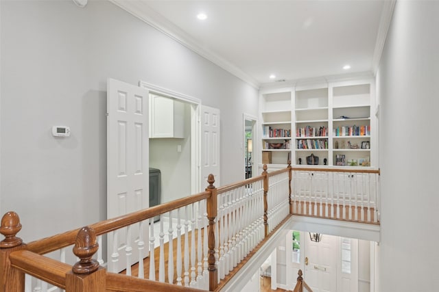 3008 Rosedale Ave, University Park, TX 75205 - hallway featuring crown molding, an upstairs landing, and recessed lighting