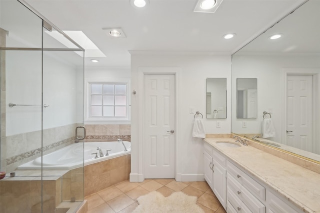 3008 Rosedale Ave, University Park, TX 75205 - full bathroom featuring vanity, a garden tub, ornamental molding, tile patterned floors, and a stall shower