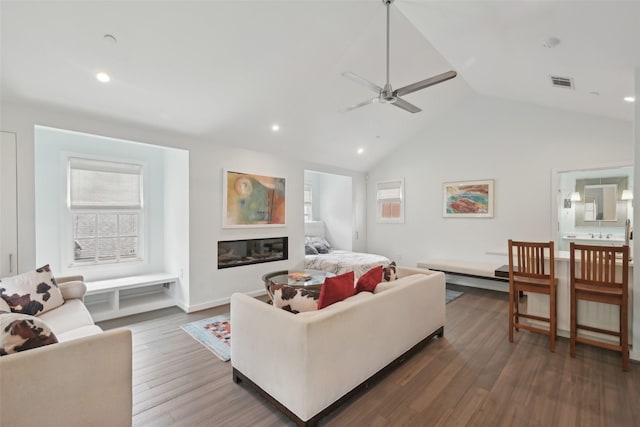 3008 Rosedale Ave, University Park, TX 75205 - living room with lofted ceiling, a ceiling fan, wood finished floors, plenty of natural light, and recessed lighting