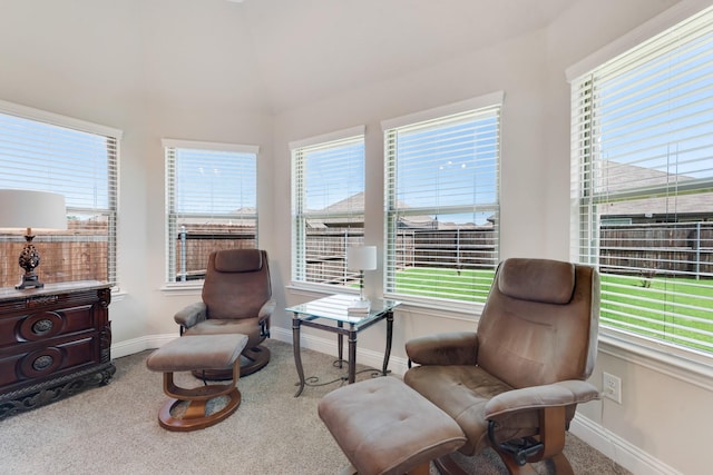 3234 Burke Dr, Royse City, TX 75189 - living area featuring healthy amount of natural light, carpet floors, baseboards, and lofted ceiling