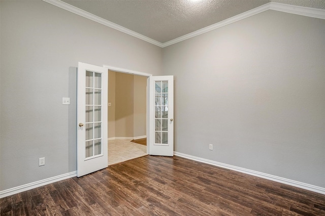 8016 Pretoria Pl, Fort Worth, TX 76123 - spare room with french doors, wood finished floors, ornamental molding, a textured ceiling, and lofted ceiling