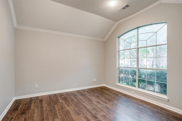 8016 Pretoria Pl, Fort Worth, TX 76123 - empty room featuring vaulted ceiling, a textured ceiling, healthy amount of natural light, dark wood-style flooring, and baseboards