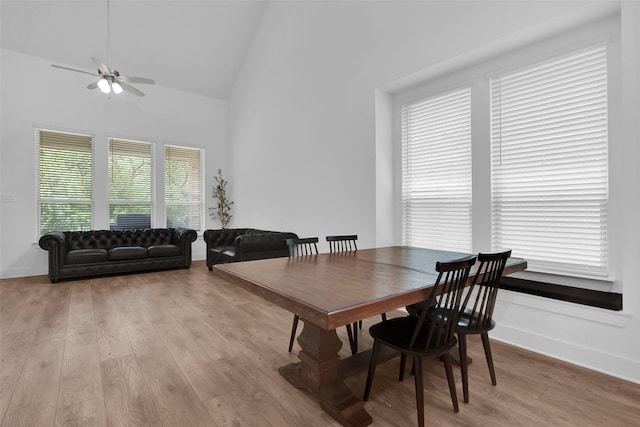 4166 Carter Ct, Denison, TX 75020 - dining area featuring light wood-style flooring, a ceiling fan, baseboards, and high vaulted ceiling