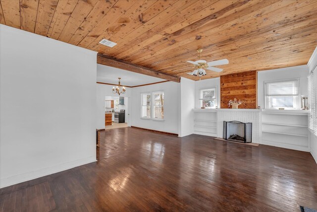 2700 Pine Ave, Waco, TX 76708 - unfurnished living room with wooden ceiling, a brick fireplace, a chandelier, baseboards, and ceiling fan