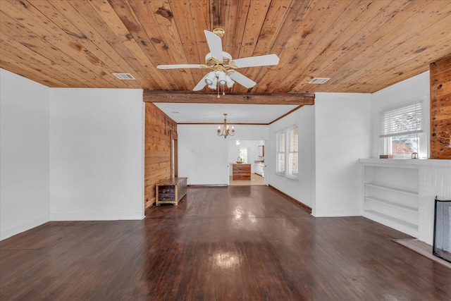 2700 Pine Ave, Waco, TX 76708 - unfurnished living room featuring wooden ceiling, wood finished floors, a chandelier, baseboards, and ceiling fan