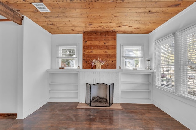 2700 Pine Ave, Waco, TX 76708 - unfurnished living room with wood ceiling, ornamental molding, wood finished floors, plenty of natural light, and a fireplace