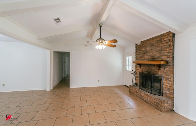 9104 Rosedown Cir, Shreveport, LA 71118 - unfurnished living room featuring a fireplace, ceiling fan, and light tile patterned floors