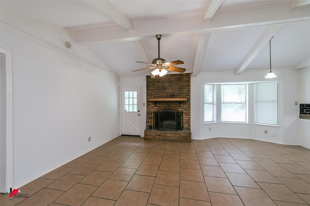 9104 Rosedown Cir, Shreveport, LA 71118 - unfurnished living room featuring ceiling fan, light tile patterned floors, and a fireplace