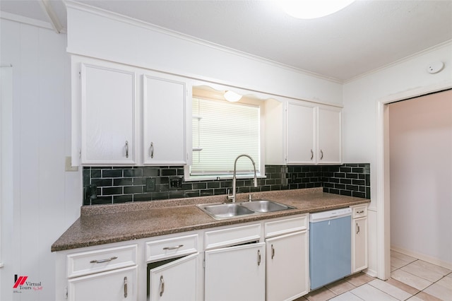 9104 Rosedown Cir, Shreveport, LA 71118 - kitchen featuring dishwashing machine, a sink, decorative backsplash, white cabinets, and ornamental molding