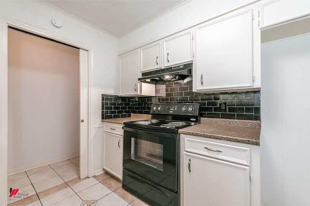 9104 Rosedown Cir, Shreveport, LA 71118 - kitchen with black / electric stove, under cabinet range hood, crown molding, and white cabinets