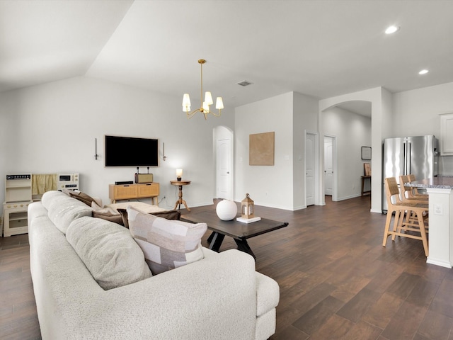 1519 Old Wichita Trl, Saginaw, TX 76131 - living area with arched walkways, dark wood-style floors, recessed lighting, a chandelier, and baseboards