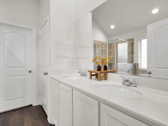 1519 Old Wichita Trl, Saginaw, TX 76131 - bathroom with a shower stall, double vanity, recessed lighting, and vaulted ceiling