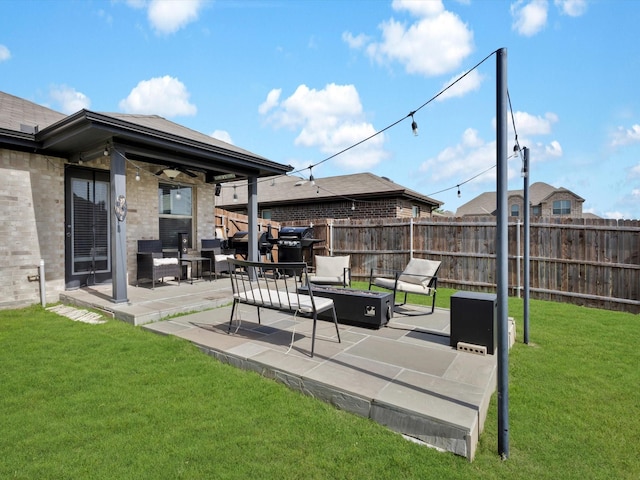 1519 Old Wichita Trl, Saginaw, TX 76131 - view of yard featuring an outdoor fire pit, a patio area, and a ceiling fan