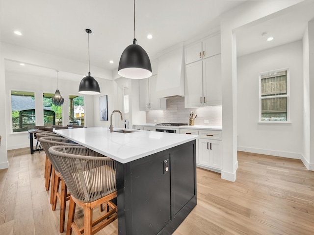 1117 Mountain View Dr, Weatherford, TX 76087 - kitchen featuring a sink, custom range hood, baseboards, recessed lighting, and backsplash