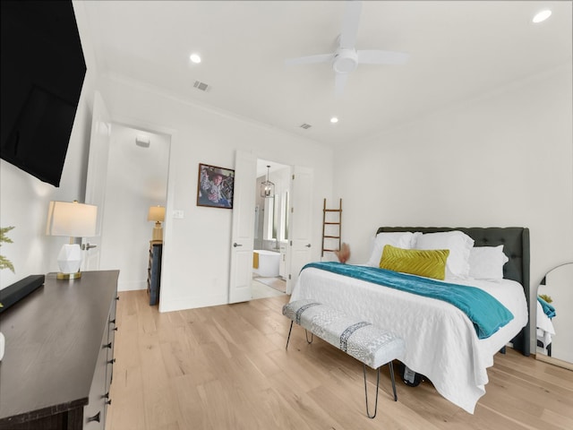 1117 Mountain View Dr, Weatherford, TX 76087 - bedroom with light wood-style flooring, ornamental molding, recessed lighting, baseboards, and ceiling fan