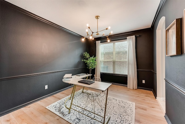 11701 Parade Dr, Frisco, TX 75036 - office area featuring ornamental molding, a chandelier, light wood finished floors, a textured wall, and baseboards