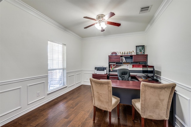 7812 Rancho De La Osa Trl, Mckinney, TX 75070 - office space featuring crown molding, a decorative wall, dark wood-type flooring, a ceiling fan, and wainscoting