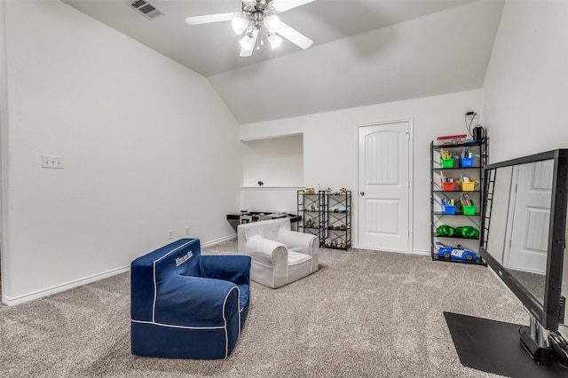 7812 Rancho De La Osa Trl, Mckinney, TX 75070 - living area with a ceiling fan, carpet flooring, vaulted ceiling, and baseboards