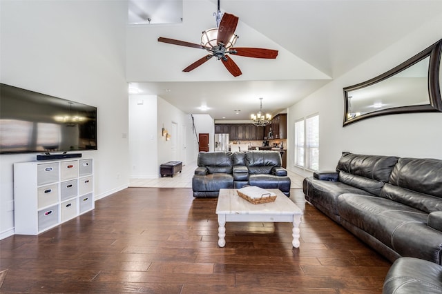 7812 Rancho De La Osa Trl, Mckinney, TX 75070 - living area featuring a chandelier, high vaulted ceiling, wood-type flooring, and ceiling fan