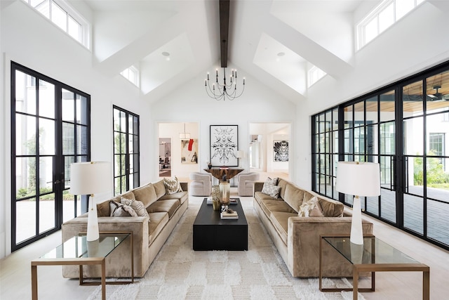 5531 Walnut Hill Ln, Dallas, TX 75229 - living room with high vaulted ceiling, beamed ceiling, and a chandelier