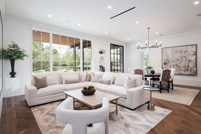5531 Walnut Hill Ln, Dallas, TX 75229 - living room with ornamental molding, a chandelier, and recessed lighting