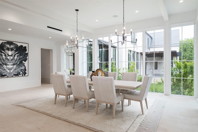 5531 Walnut Hill Ln, Dallas, TX 75229 - dining area featuring a chandelier, beam ceiling, and recessed lighting