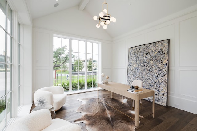 5531 Walnut Hill Ln, Dallas, TX 75229 - office area featuring a decorative wall, beam ceiling, a chandelier, dark wood-style flooring, and high vaulted ceiling