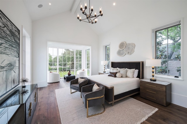 5531 Walnut Hill Ln, Dallas, TX 75229 - bedroom featuring high vaulted ceiling, beamed ceiling, dark wood finished floors, multiple windows, and recessed lighting