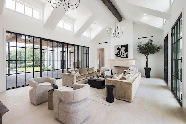 5531 Walnut Hill Ln, Dallas, TX 75229 - living area featuring a chandelier, high vaulted ceiling, beam ceiling, a fireplace, and light wood-style flooring