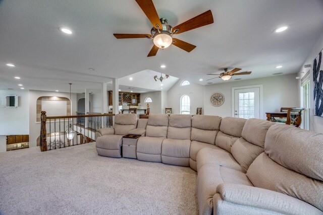 87 Eagle Chase Ln, Pottsboro, TX 75076 - living area featuring arched walkways, carpet, a ceiling fan, and recessed lighting