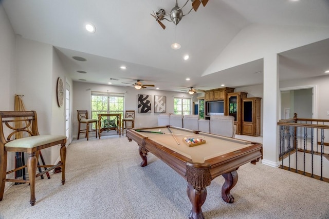 87 Eagle Chase Ln, Pottsboro, TX 75076 - game room featuring lofted ceiling, light colored carpet, recessed lighting, pool table, and a ceiling fan