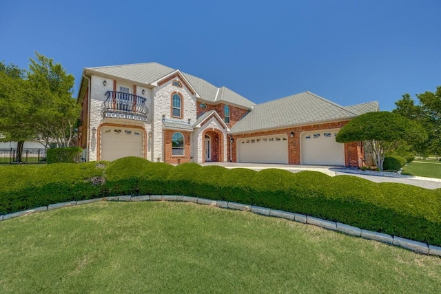 87 Eagle Chase Ln, Pottsboro, TX 75076 - view of front of house featuring a balcony, an attached garage, brick siding, and driveway