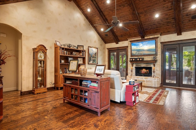 3712 Lonesome Creek Rd, Granbury, TX 76049 - living room with french doors, wooden ceiling with exposed beams, dark wood-style floors, high vaulted ceiling, and plenty of natural light