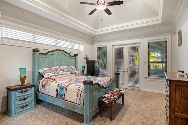 3712 Lonesome Creek Rd, Granbury, TX 76049 - bedroom featuring french doors, light colored carpet, access to exterior, multiple windows, and ornamental molding