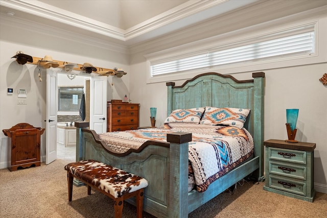 3712 Lonesome Creek Rd, Granbury, TX 76049 - bedroom featuring light carpet, connected bathroom, ornamental molding, and baseboards