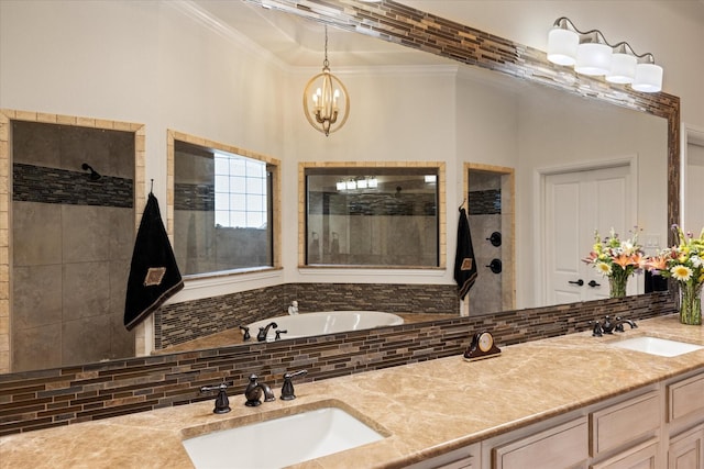 3712 Lonesome Creek Rd, Granbury, TX 76049 - bathroom featuring walk in shower, ornamental molding, backsplash, a chandelier, and double vanity